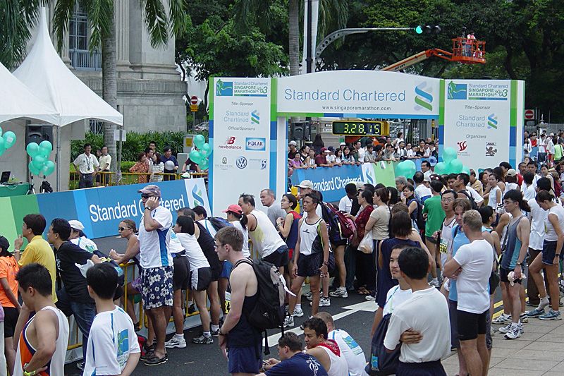 The Standard Chartered Singapore Marathon: spectators gather at the finish line